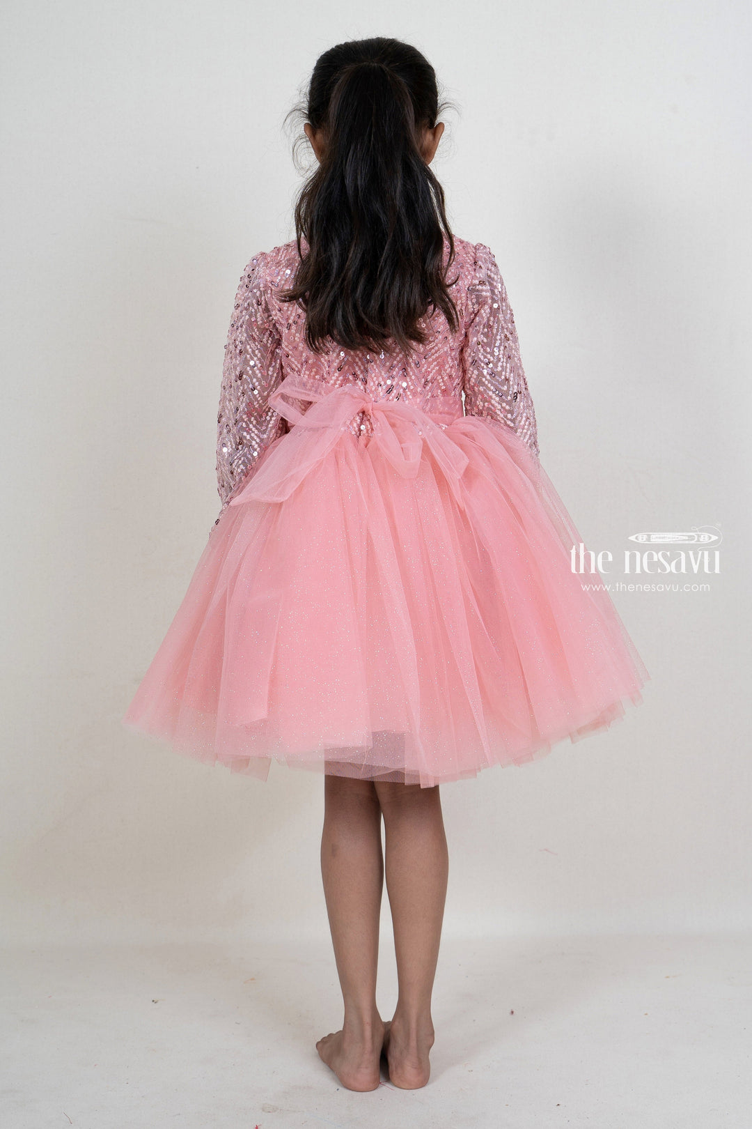 The Nesavu Party Frock Sequenced Pink Soft Net Party Frock With Elbow Sleeve For New Born Baby Girls psr silks Nesavu