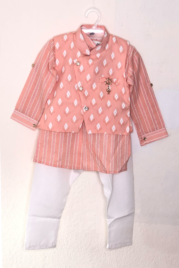 The Nesavu Ethnic Sets Side Buttoned Overcoat With Printed Kurta For Baby Boys psr silks Nesavu 10 (NB) / Salmon BES178A