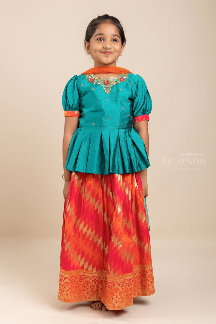 The Nesavu Lehenga & Ghagra Silk Cotton Designer Choli Skirt With Hand Embroidery Designer Peplum Blouse psr silks Nesavu 16 (1Y ) / Green GL256C