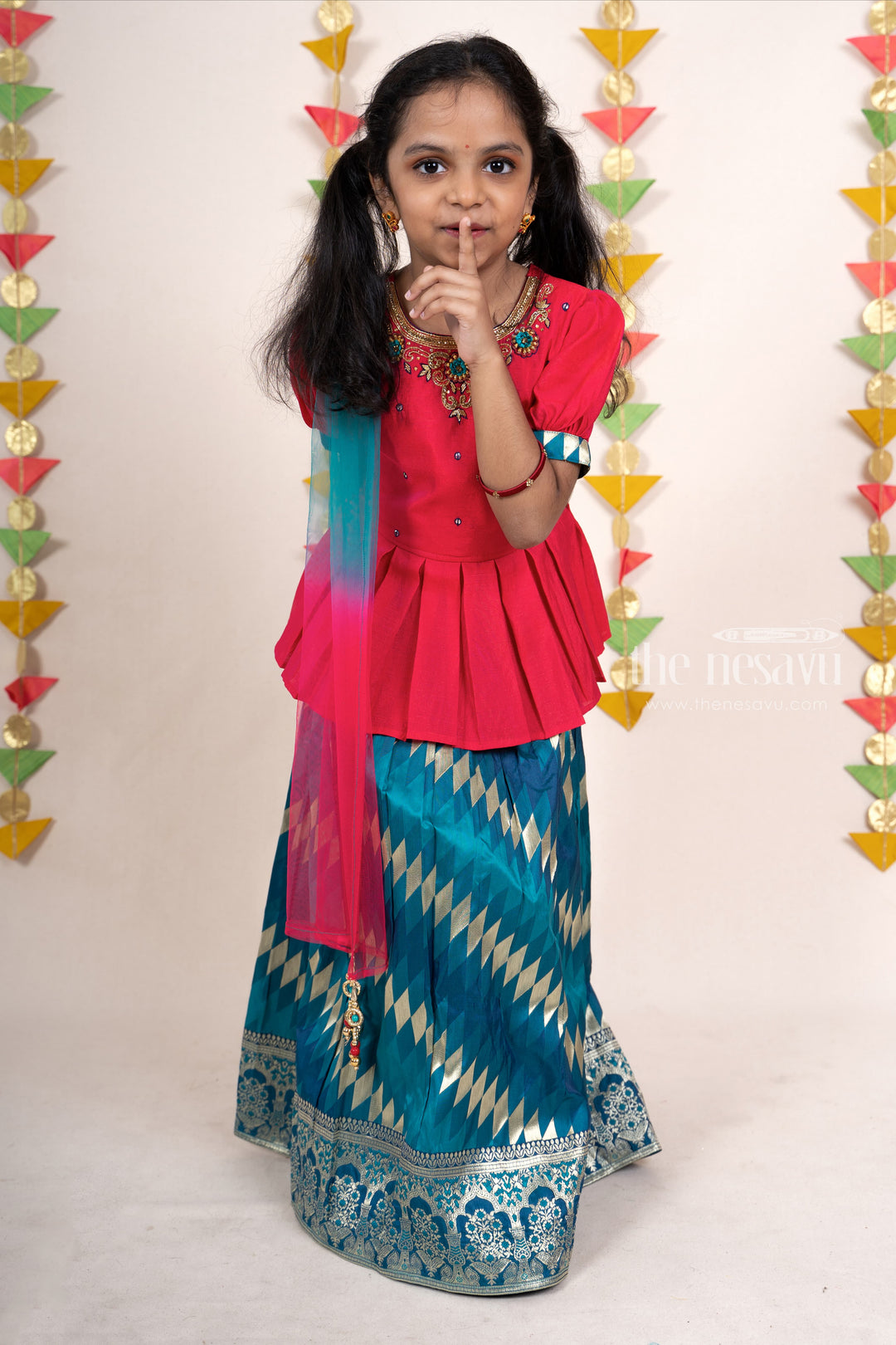 The Nesavu Lehenga & Ghagra Silk Cotton Designer Choli Skirt With Hand Embroidery Designer Peplum Blouse psr silks Nesavu 16 (1Y) / red GL256B