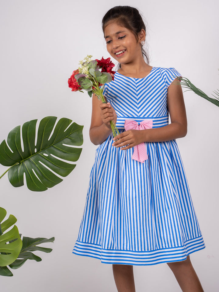 The Nesavu Frocks & Dresses Simple Cute Striped Designer Blue Frock With Bow Embellishment For Girls psr silks Nesavu
