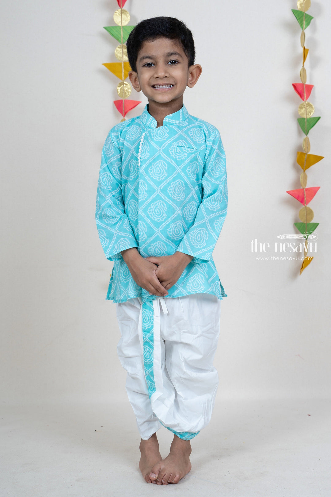The Nesavu Ethnic Sets Sky Blue Bandhani Printed Designer Kurta For Baby Boys psr silks Nesavu 10 (NB) / skyblue BES212B