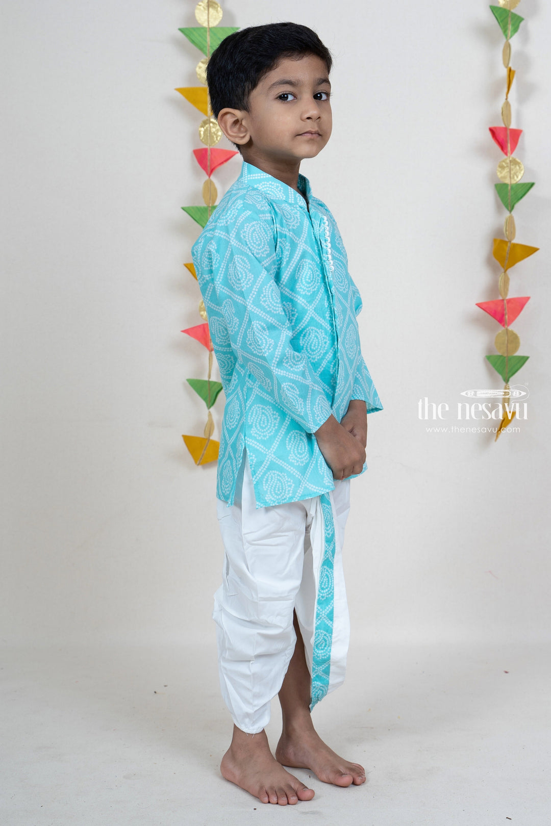 The Nesavu Ethnic Sets Sky Blue Bandhani Printed Designer Kurta For Baby Boys psr silks Nesavu