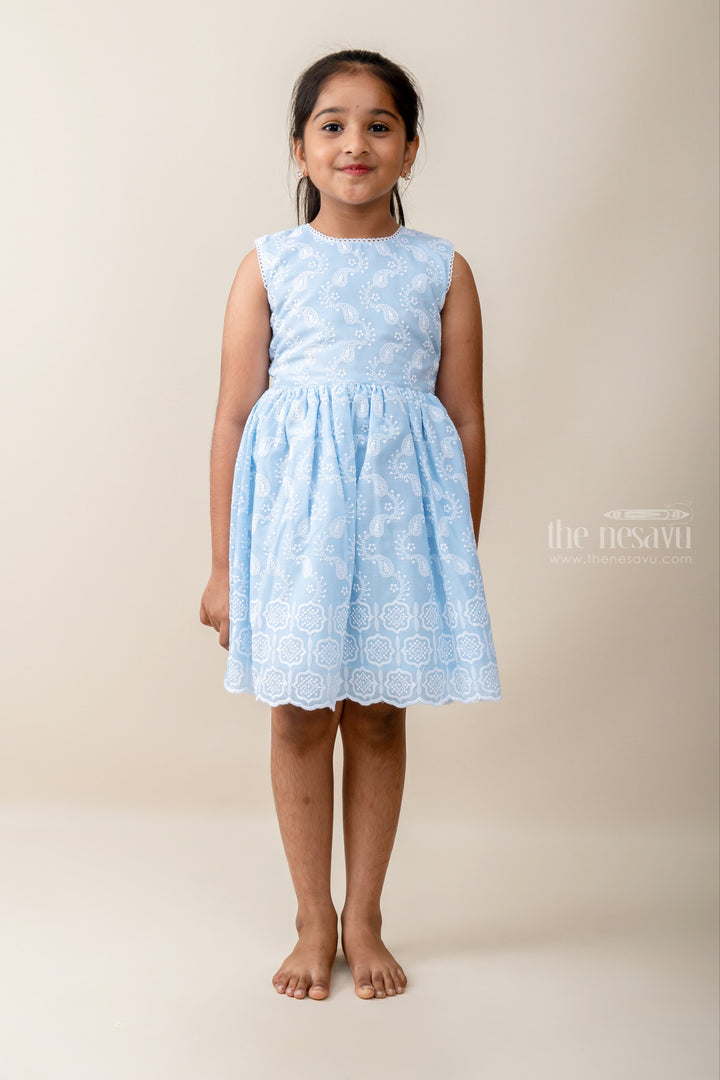 The Nesavu Frocks & Dresses Sky Blue Cotton Casual Play wear with White Thread Embroidery psr silks Nesavu 18 (2Y) / PowderBlue GFC950A