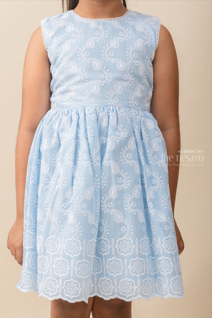 The Nesavu Frocks & Dresses Sky Blue Cotton Casual Play wear with White Thread Embroidery psr silks Nesavu