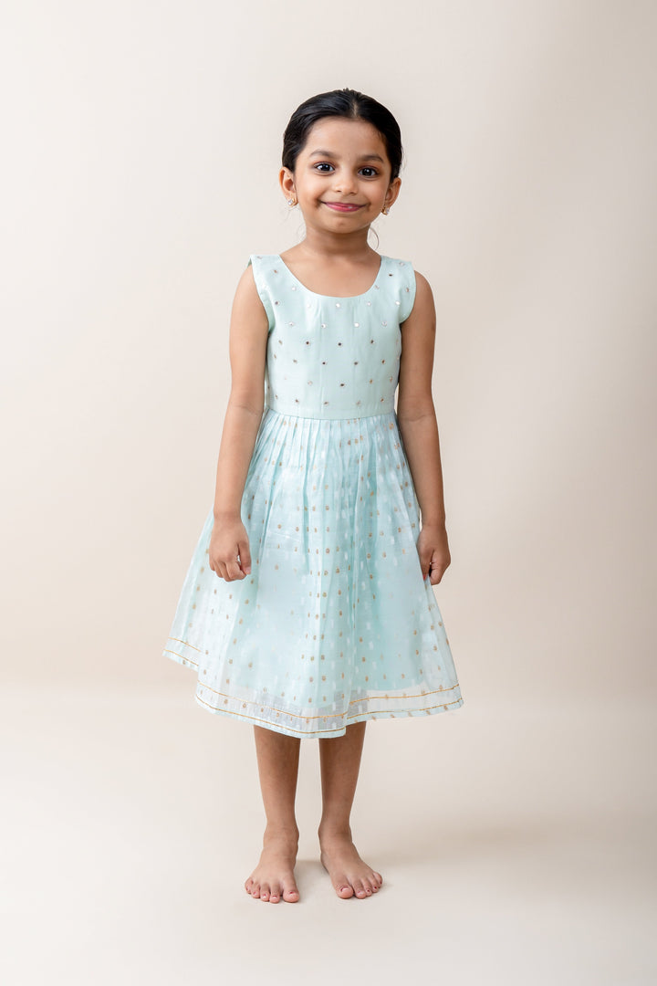 The Nesavu Frocks & Dresses Sky Blue Designer Chanderi Silk Cotton Gown With Embellishments For Girls psr silks Nesavu 14 (6M) / LightCyan GFC944B