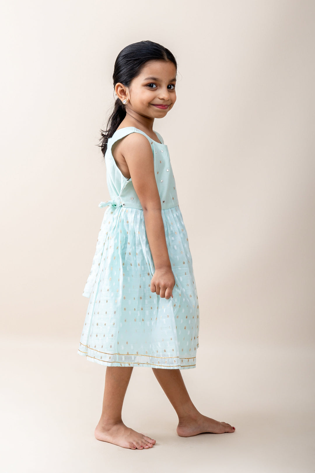 The Nesavu Frocks & Dresses Sky Blue Designer Chanderi Silk Cotton Gown With Embellishments For Girls psr silks Nesavu