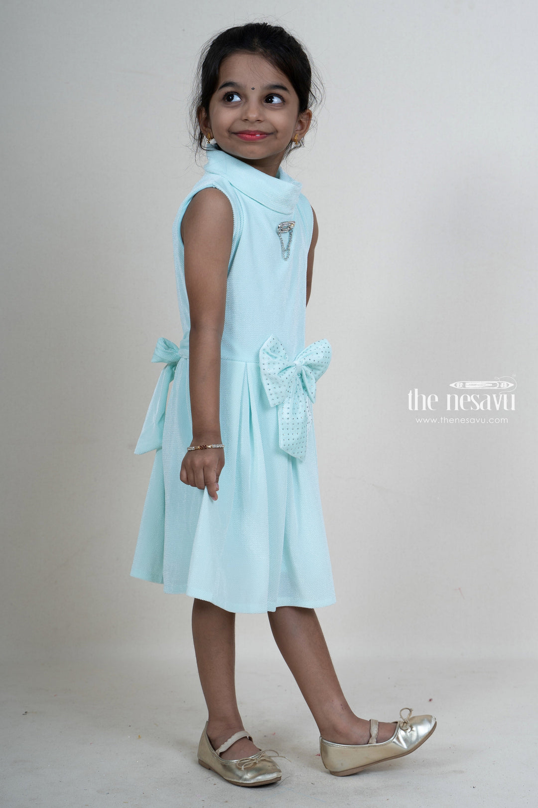 The Nesavu Baby Frock / Jhabla Skyblue Velvet Designer Bow Embellished Party Wear Dresses For Girls psr silks Nesavu