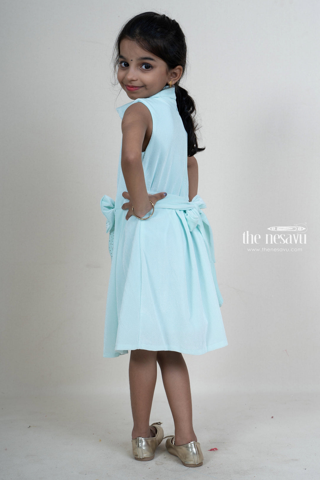 The Nesavu Baby Frock / Jhabla Skyblue Velvet Designer Bow Embellished Party Wear Dresses For Girls psr silks Nesavu