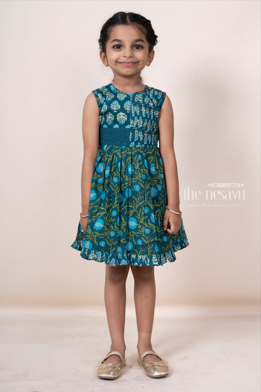 The Nesavu Frocks & Dresses Soft Cotton Peacock Green Pin-Tucked Floral Frock For Baby Girls psr silks Nesavu 14 (6M) / Teal GFC899
