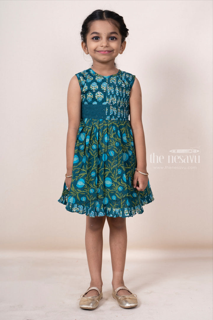 The Nesavu Frocks & Dresses Soft Cotton Peacock Green Pin-Tucked Floral Frock For Baby Girls psr silks Nesavu 14 (6M) / Teal GFC899