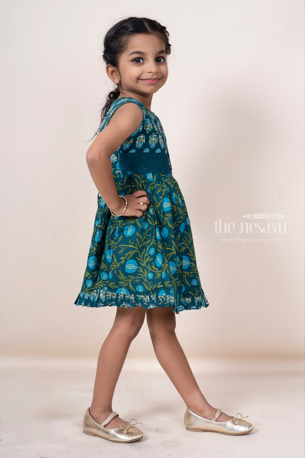 The Nesavu Frocks & Dresses Soft Cotton Peacock Green Pin-Tucked Floral Frock For Baby Girls psr silks Nesavu