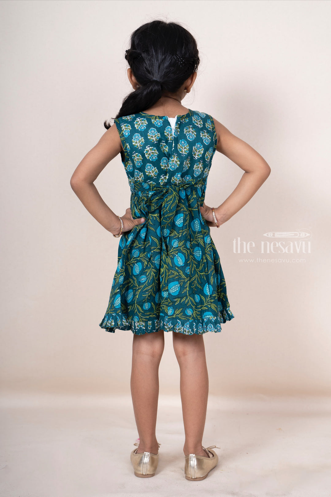 The Nesavu Frocks & Dresses Soft Cotton Peacock Green Pin-Tucked Floral Frock For Baby Girls psr silks Nesavu