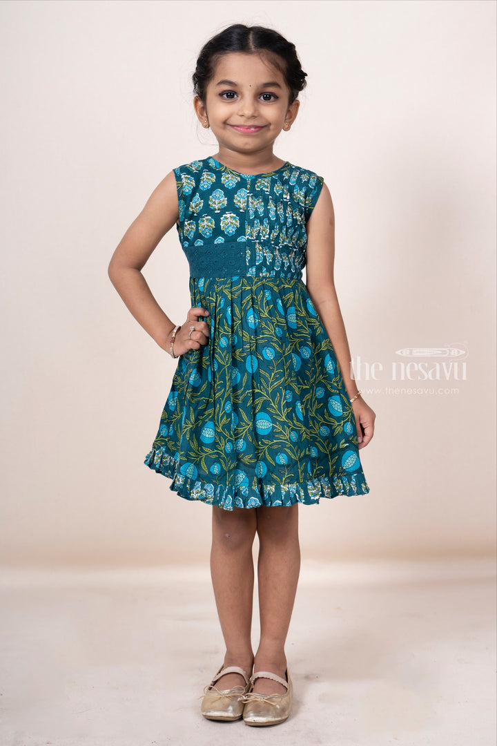 The Nesavu Frocks & Dresses Soft Cotton Peacock Green Pin-Tucked Floral Frock For Baby Girls psr silks Nesavu