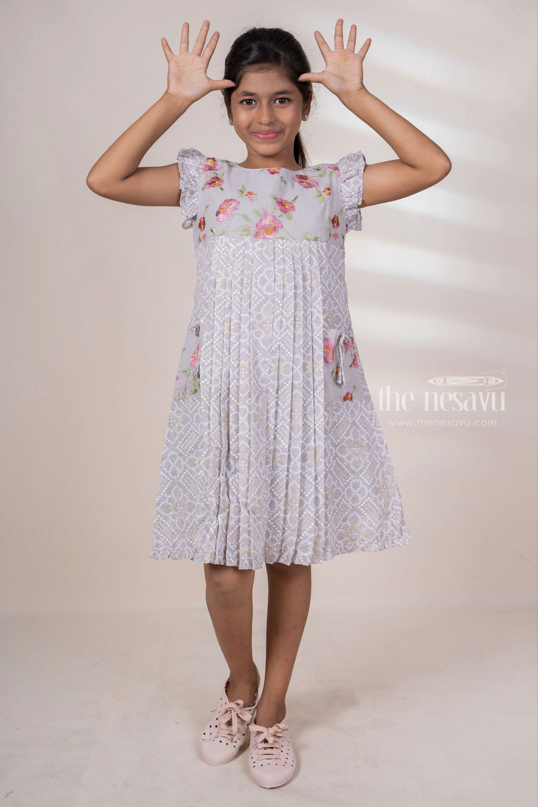 The Nesavu Frocks & Dresses Soft Cotton Pleated Frock With Pockets And Ruffle Ends For Baby Girls psr silks Nesavu 16 (1Y) / gray GFC907