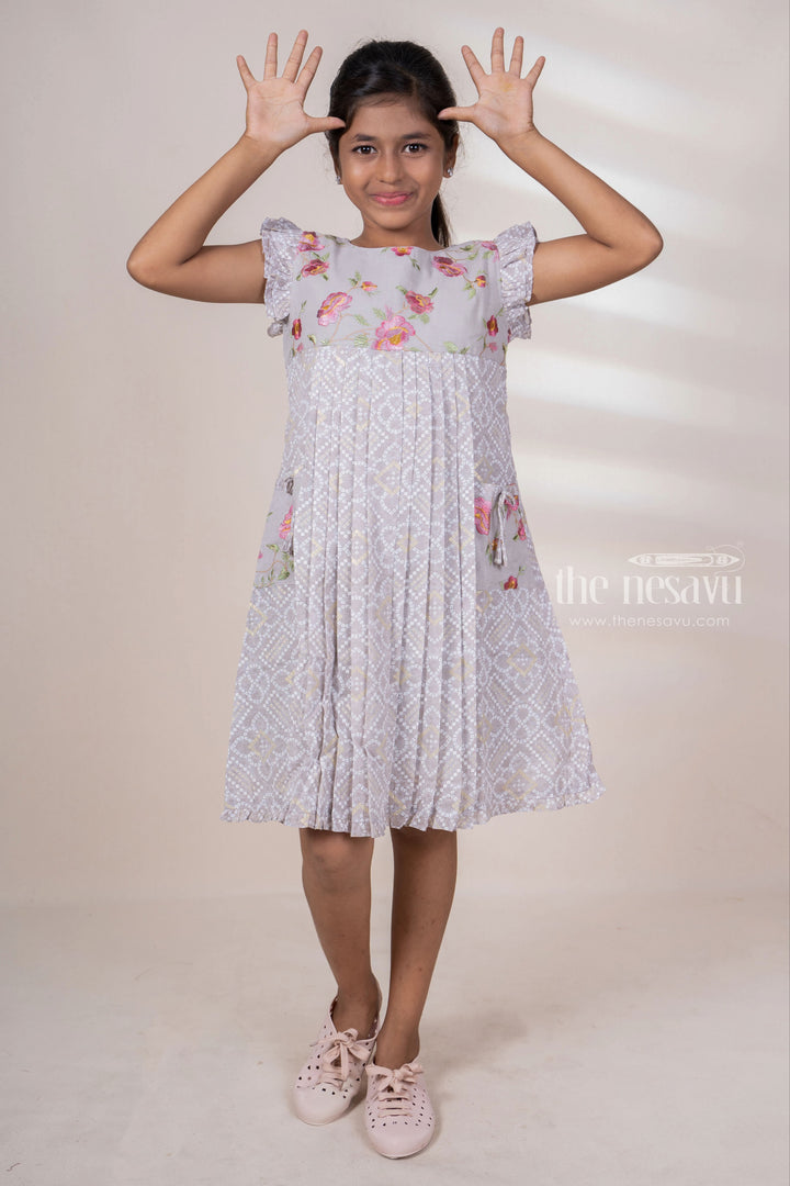 The Nesavu Frocks & Dresses Soft Cotton Pleated Frock With Pockets And Ruffle Ends For Baby Girls psr silks Nesavu 16 (1Y) / gray GFC907