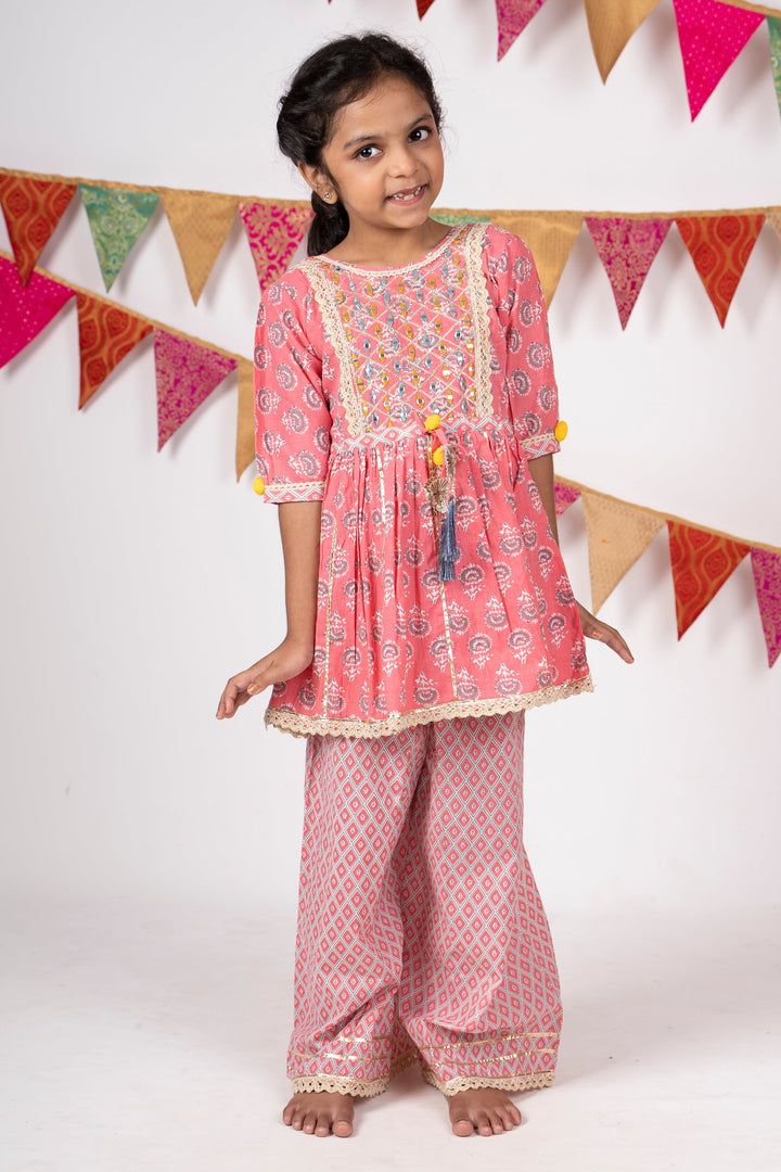 The Nesavu Sets & Suits Soft Cotton Printed Readymade Tunic Top With Palazzo Suit For Girls psr silks Nesavu 18 (2Y) / pink GPS064