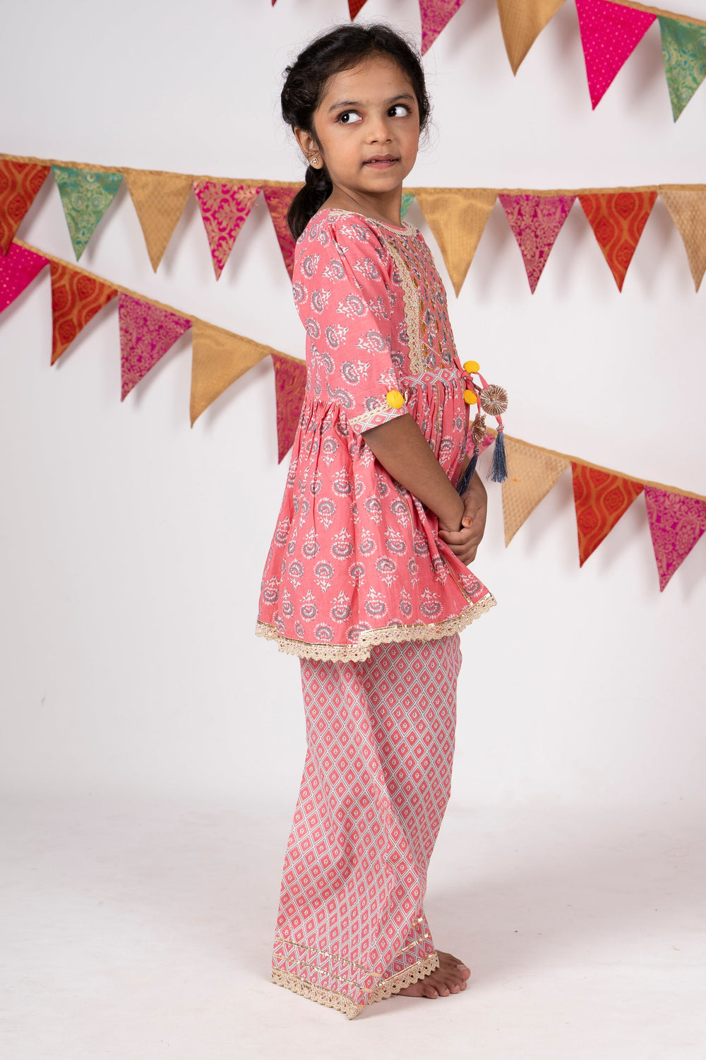 The Nesavu Sets & Suits Soft Cotton Printed Readymade Tunic Top With Palazzo Suit For Girls psr silks Nesavu