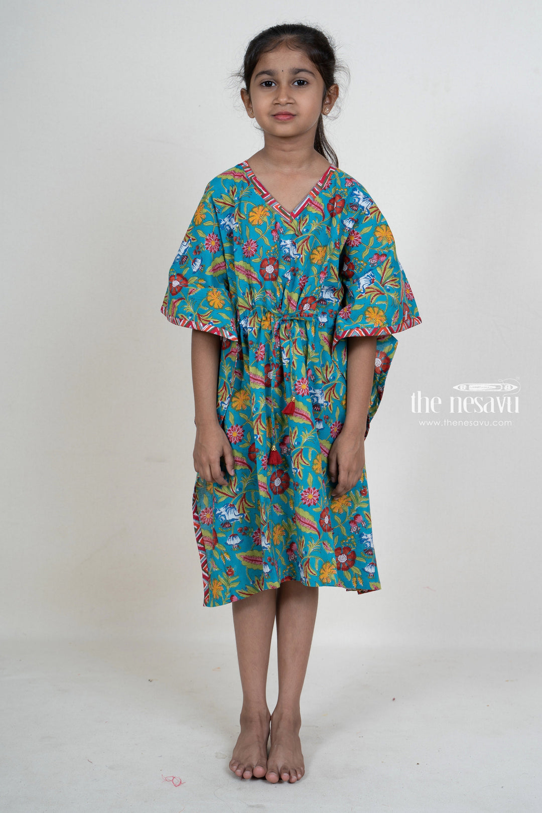 The Nesavu Frocks & Dresses Soft Jaipuri Cotton Kaftan Dresses For Kid Girls psr silks Nesavu 14 (6M) / Turquoise GFC929
