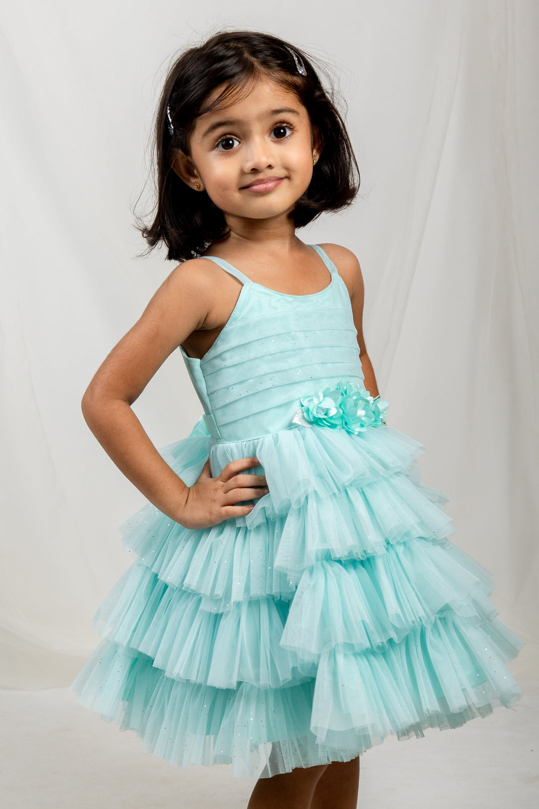 The Nesavu Party Frock Soft Net Sky Blue Frock With Multi -Tiered Ruffle Trims psr silks Nesavu 16 (1Y) / Aquamarine PF38