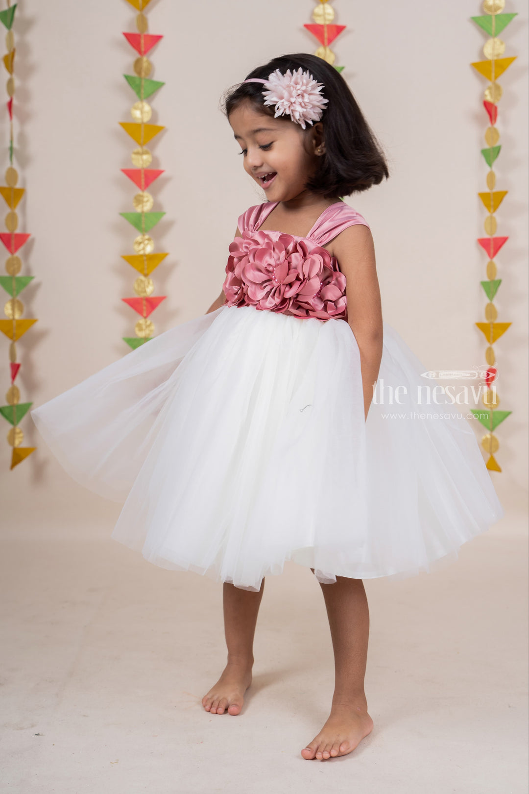 The Nesavu Party Frock Soft Shimmer Net Onion pink Party Wear Frock for Little Girl psr silks Nesavu 16 (1Y) / palevioletred PF24