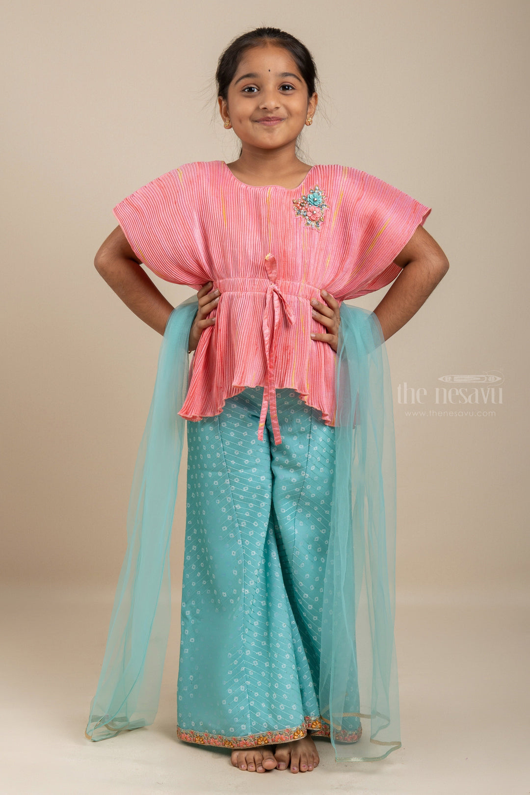 The Nesavu Sets & Suits Soft Touch - Pink Crop Top With Front Tie And Green Palazzo Pants psr silks Nesavu 14 (6M) / Green GPS102