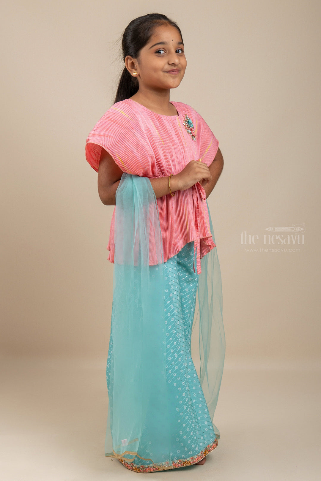 The Nesavu Sets & Suits Soft Touch - Pink Crop Top With Front Tie And Green Palazzo Pants psr silks Nesavu