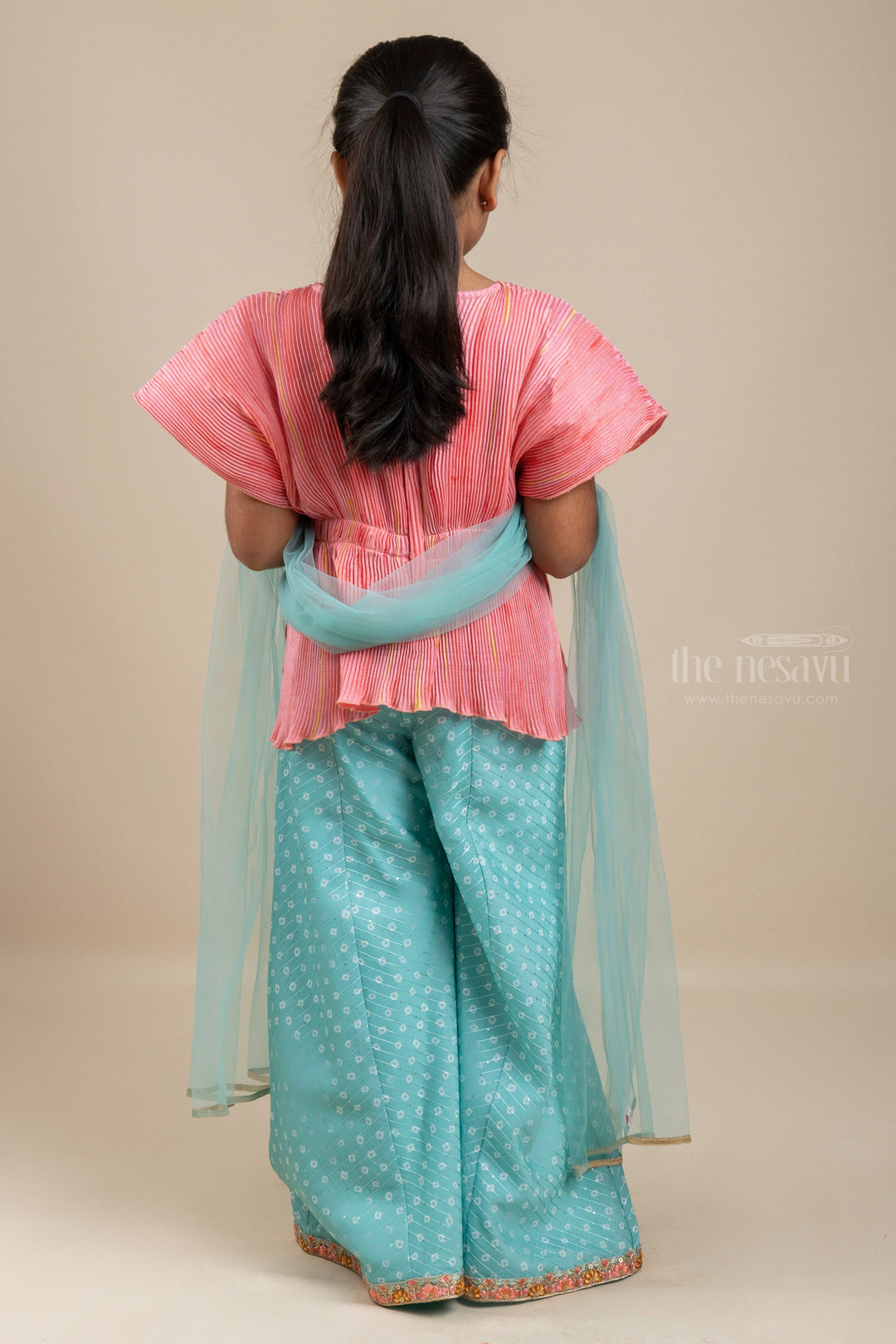 The Nesavu Sets & Suits Soft Touch - Pink Crop Top With Front Tie And Green Palazzo Pants psr silks Nesavu
