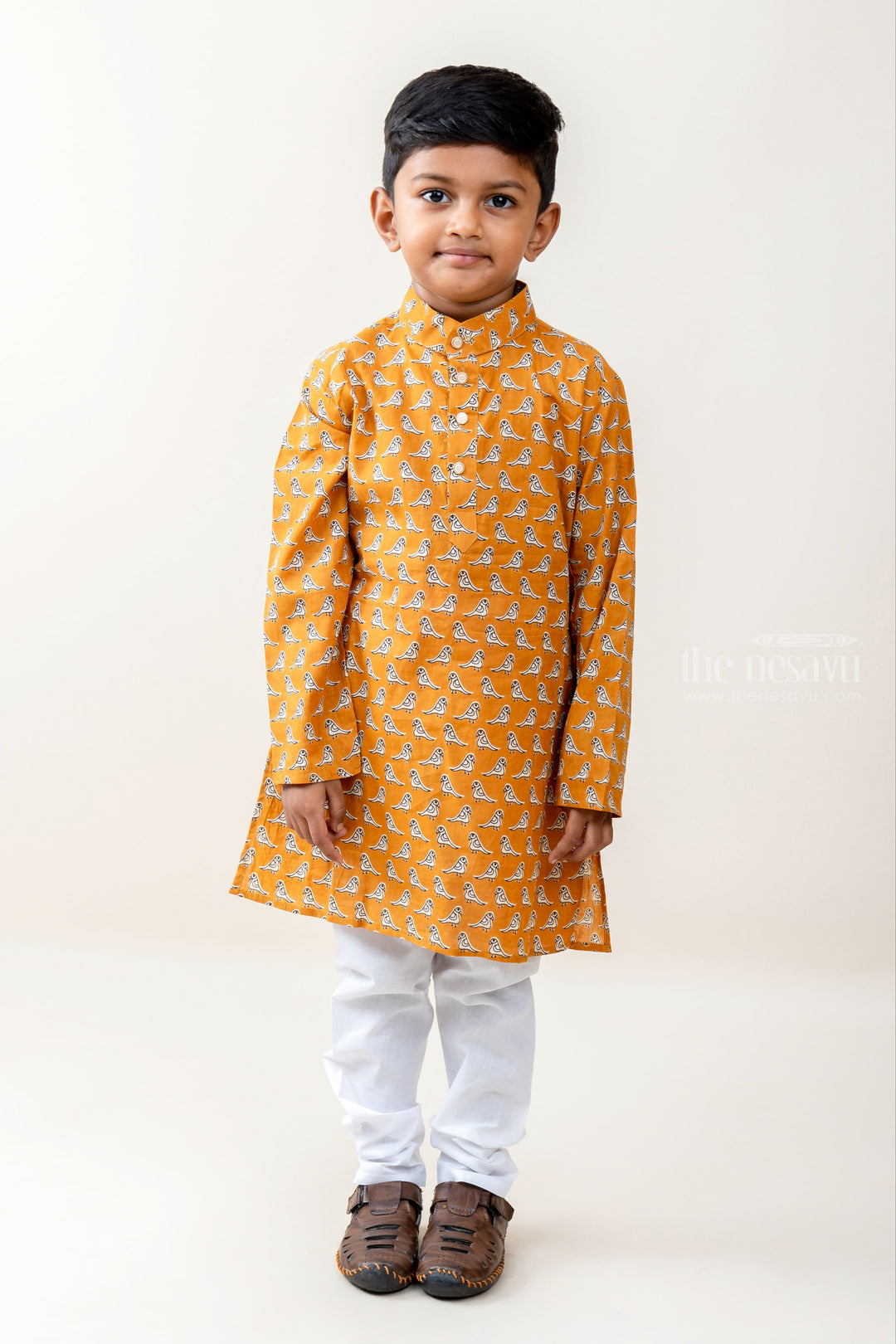 The Nesavu Ethnic Sets Songbird Prints - Mustard Yellow Shirt And Pure Cotton Pants psr silks Nesavu 14 (6M) / Peru BES228C