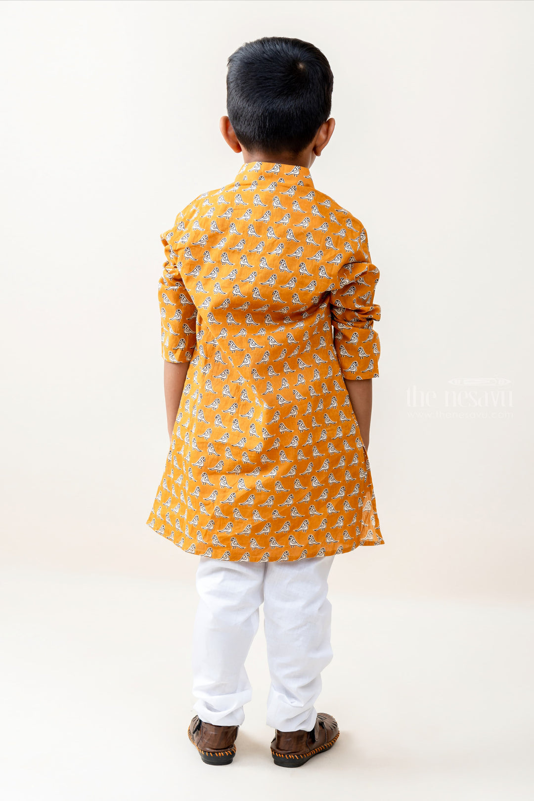 The Nesavu Ethnic Sets Songbird Prints - Mustard Yellow Shirt And Pure Cotton Pants psr silks Nesavu