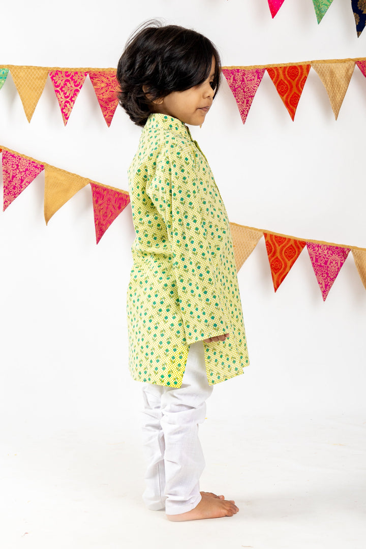 The Nesavu Ethnic Sets Spring Green Block Print Pure Cotton Kurta for Boys psr silks Nesavu 14 (6M) / Yellowgreen BES71