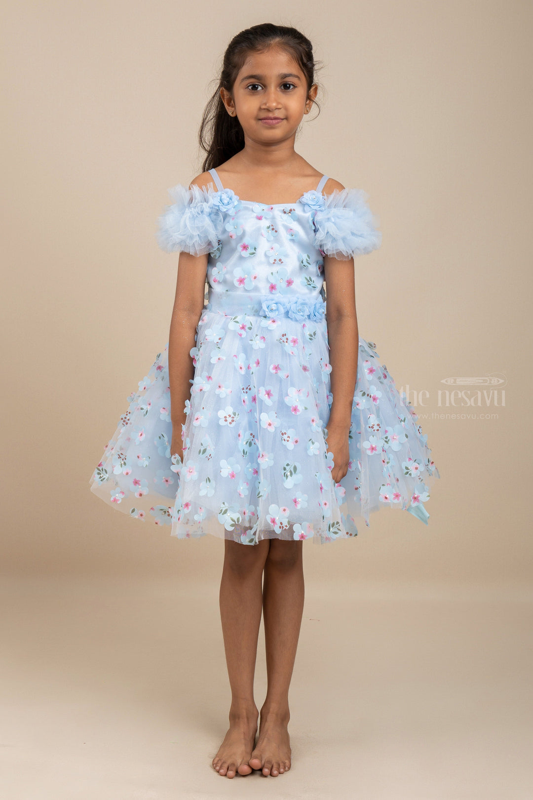 The Nesavu Party Frock Steel Blue Floral Designer Tutu Party Frock For Baby Girls psr silks Nesavu 16 (1Y) / Steelblue PF94A