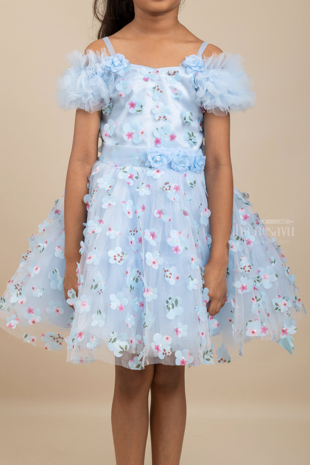 The Nesavu Party Frock Steel Blue Floral Designer Tutu Party Frock For Baby Girls psr silks Nesavu