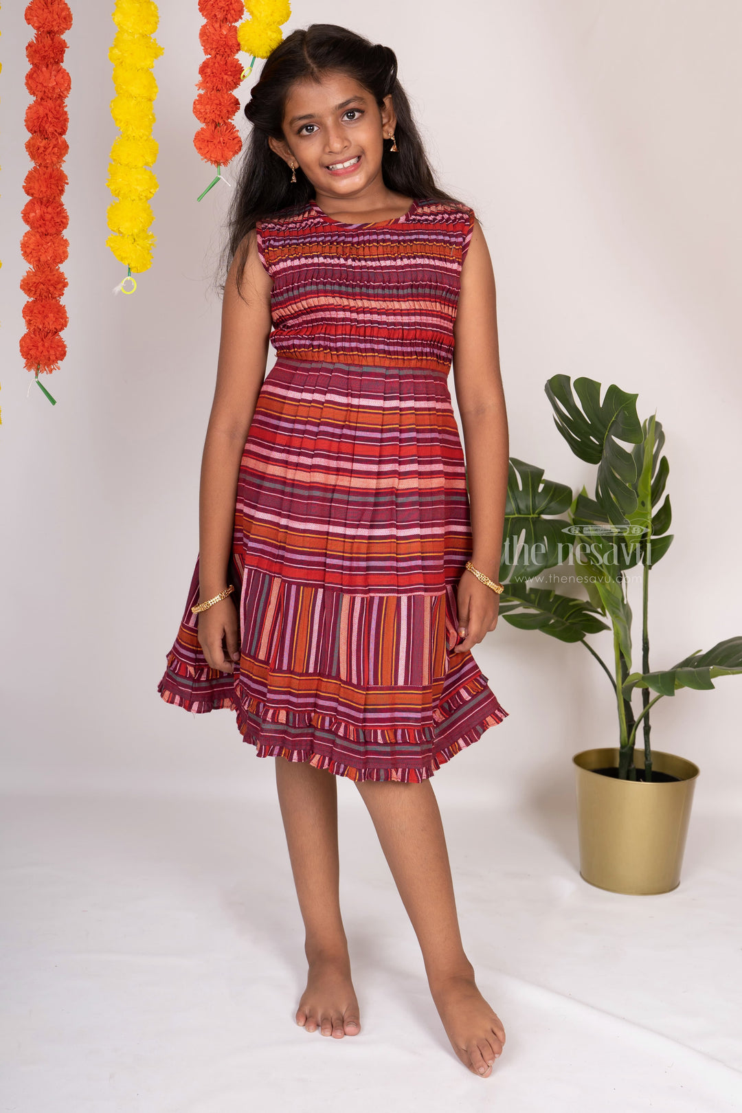 The Nesavu Frocks & Dresses Striped Designer Play Wear Soft Cotton Gowns For Baby Girls psr silks Nesavu 16 (1Y) / maroon GFC863