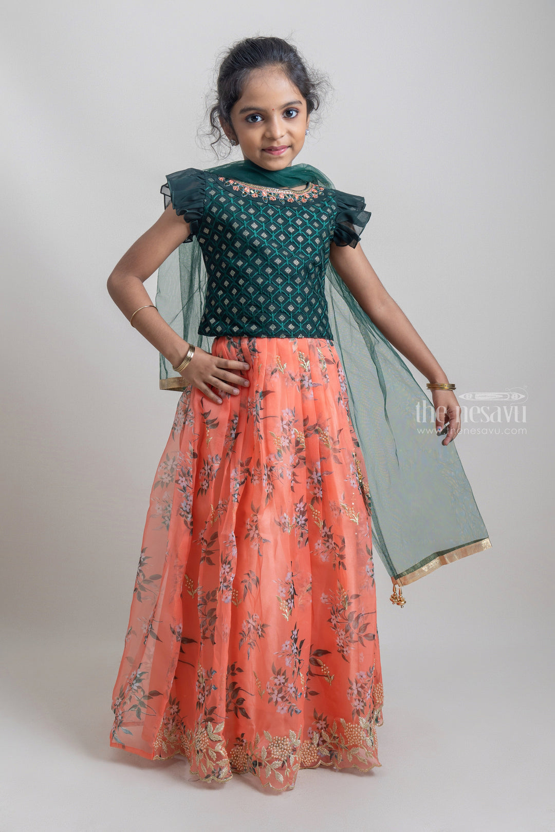 The Nesavu Lehenga & Ghagra Stunning Butta Embroidered Green Choli With Orange Floral Printed Lehanga Skirt For Girls psr silks Nesavu 24 (5Y) / Orange GL334