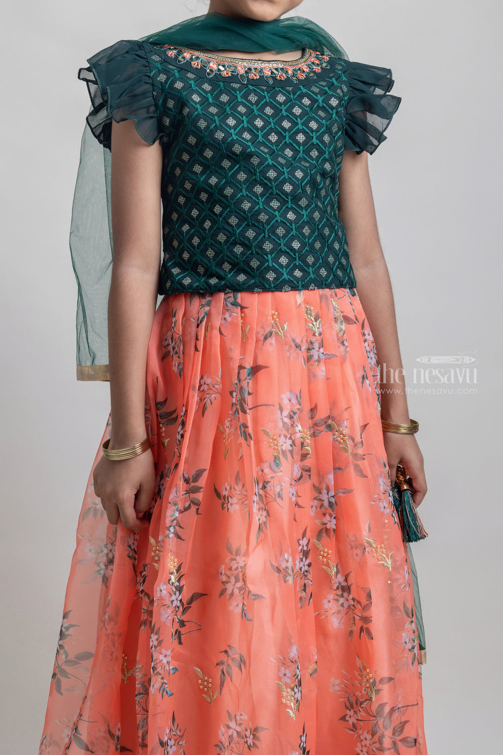 The Nesavu Lehenga & Ghagra Stunning Butta Embroidered Green Choli With Orange Floral Printed Lehanga Skirt For Girls psr silks Nesavu