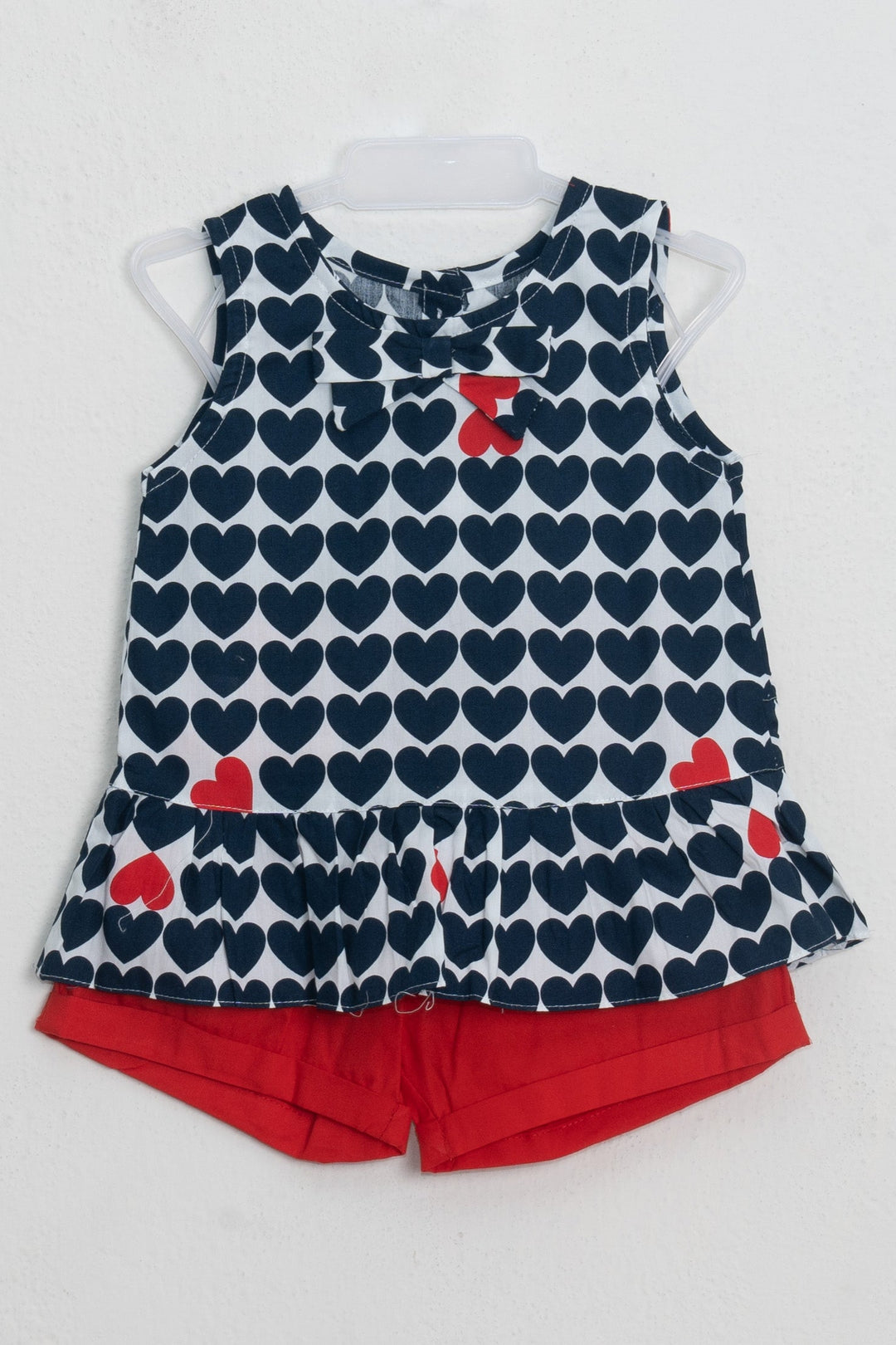 The Nesavu Baby Frock / Jhabla Stunning Navy Blue Heartin Printed Sleeveless Top With Red Bottom For Baby Girls psr silks Nesavu 14 (1Y) / Blue BFJ383A