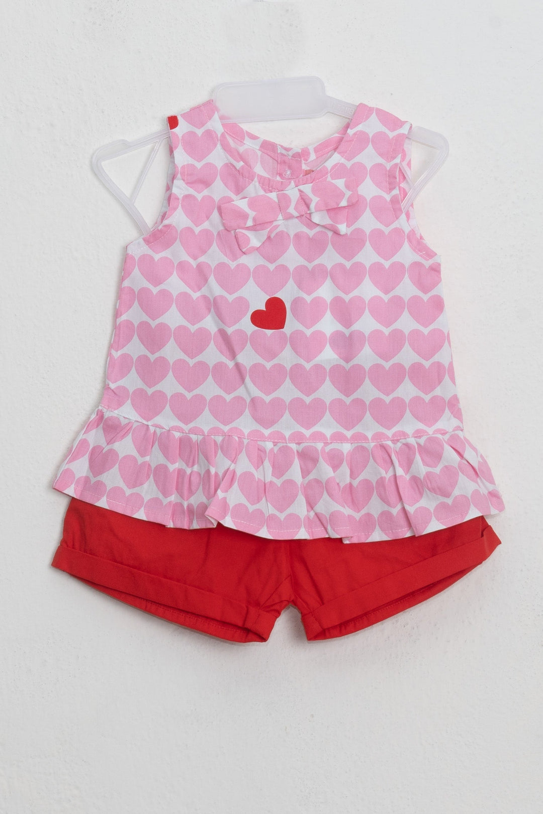 The Nesavu Baby Frock / Jhabla Stunning Pink Heartin Printed Sleeveless Top With Red Bottom For Baby Girls psr silks Nesavu 14 (1Y) / Pink BFJ383B