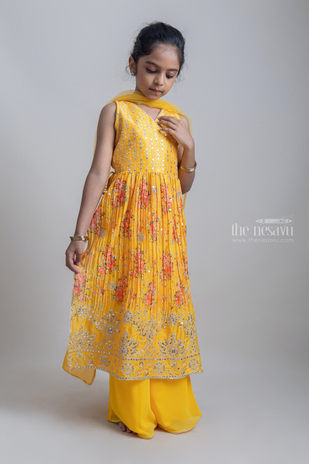 The Nesavu Sets & Suits Stunning Yellow Printed Chinon Glitter Sequin Embroidered Palazzo Suit For Girls psr silks Nesavu 22 (4Y) / Yellow GPS136