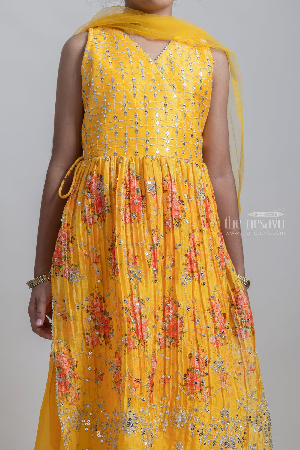 The Nesavu Sets & Suits Stunning Yellow Printed Chinon Glitter Sequin Embroidered Palazzo Suit For Girls psr silks Nesavu