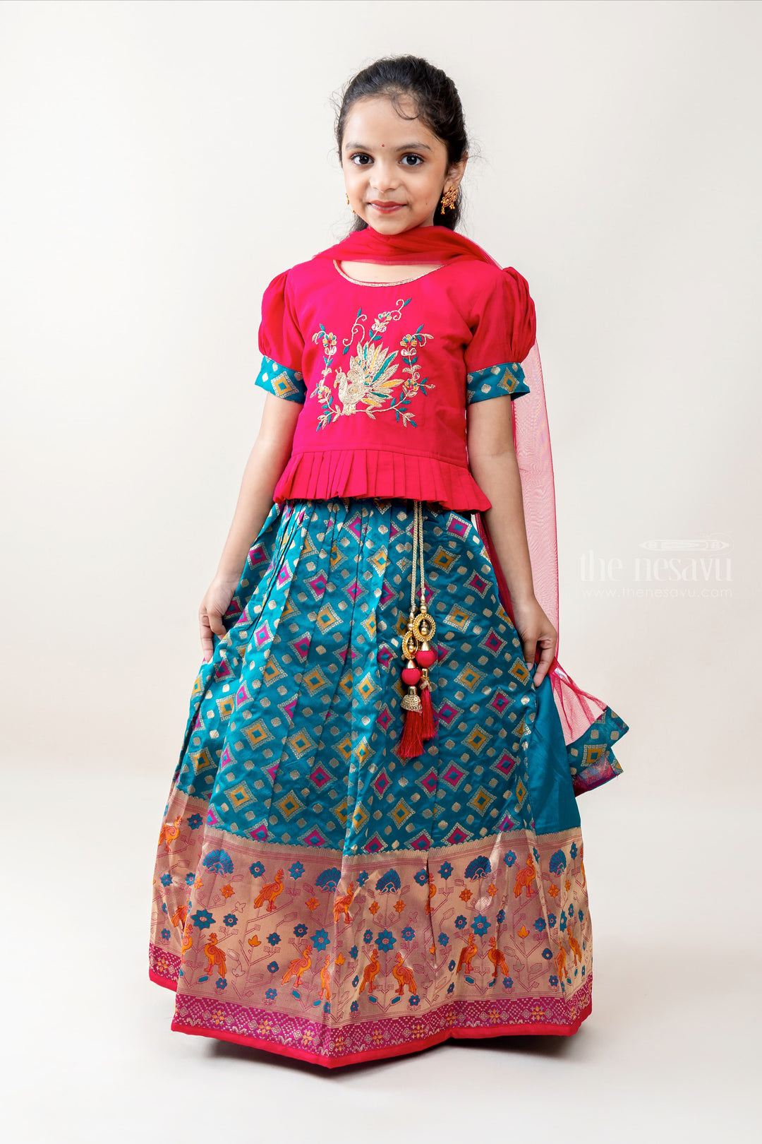 The Nesavu Lehenga & Ghagra Stylish Diva - Beautiful Frills-And-Sleeve Choli With Printed Skirt For Girls psr silks Nesavu 16 (1Y ) / Teal GL289A