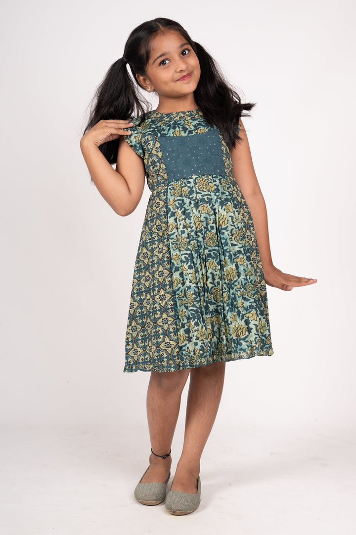 The Nesavu Frocks & Dresses Stylish Jaipuri Cotton Pleated Frock For Girls With Sleeve Flutters psr silks Nesavu 16 (1Y) / Turquoise GFC614A