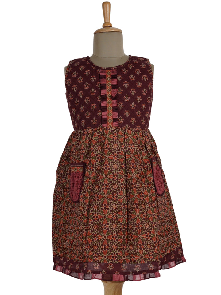 The Nesavu Frocks & Dresses Stylish Jaipuri Soft Cotton Frock With Pockets For Girls psr silks Nesavu 16 (1Y-2Y) / Maroon GFC568