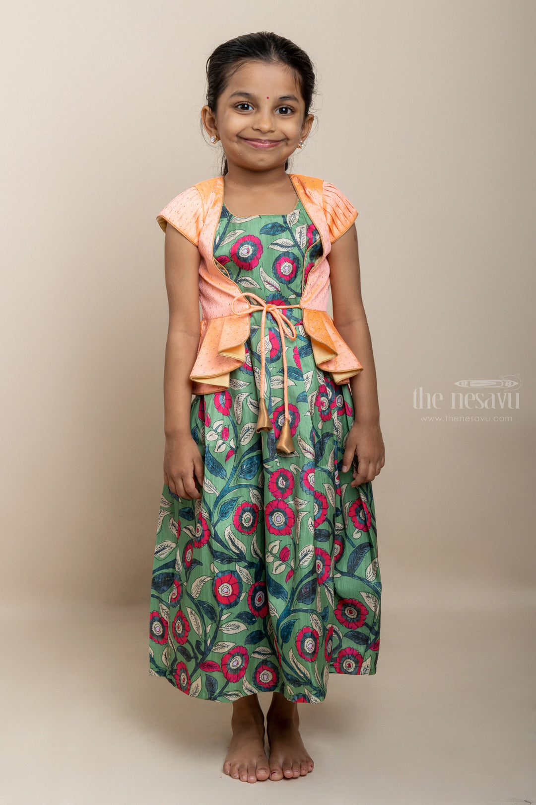 The Nesavu Kids Anarkali Stylish Overcoat Attached Floral Printed Silk Cotton Anarkali For Little Girls psr silks Nesavu 12 (3M) / multicolor GA125A