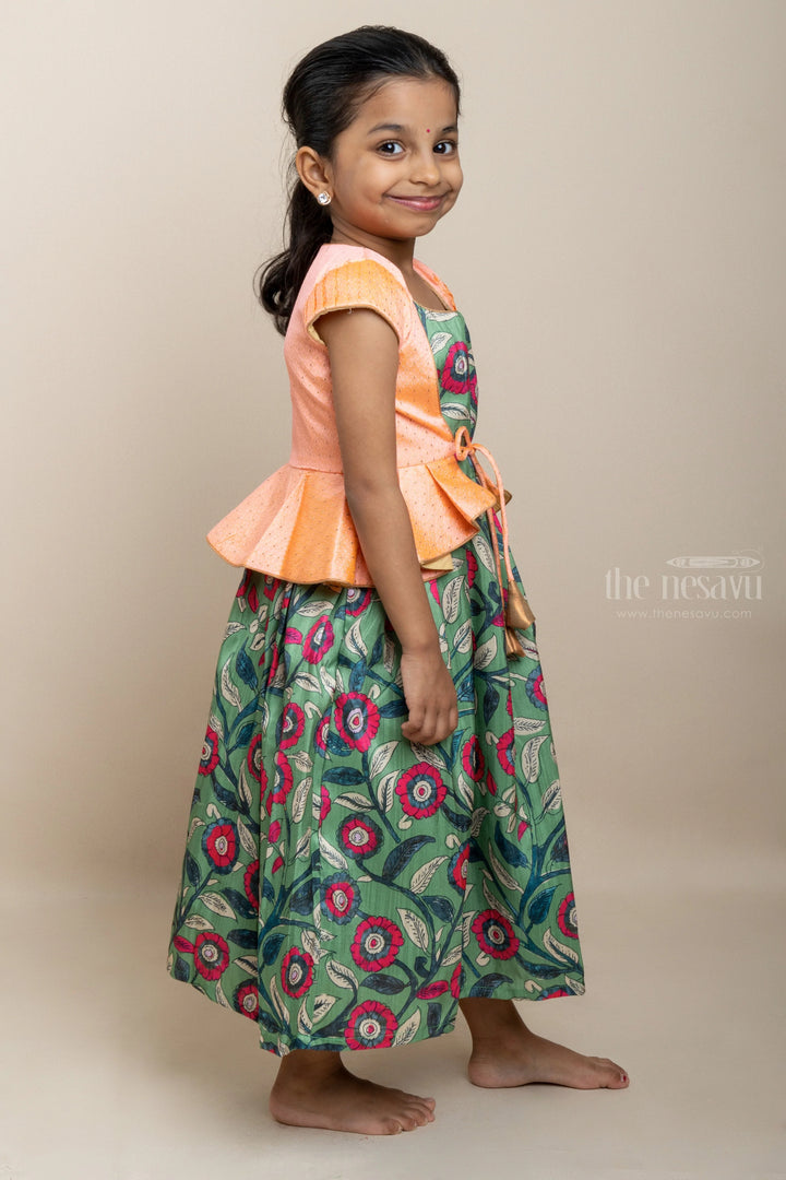 The Nesavu Kids Anarkali Stylish Overcoat Attached Floral Printed Silk Cotton Anarkali For Little Girls psr silks Nesavu