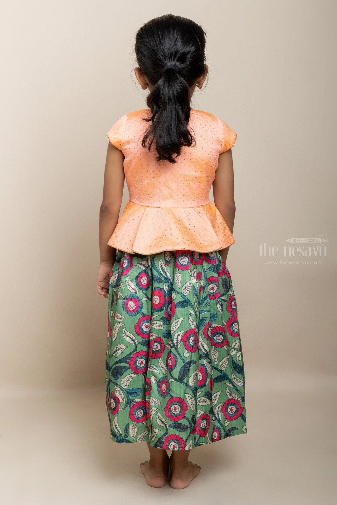 The Nesavu Kids Anarkali Stylish Overcoat Attached Floral Printed Silk Cotton Anarkali For Little Girls psr silks Nesavu