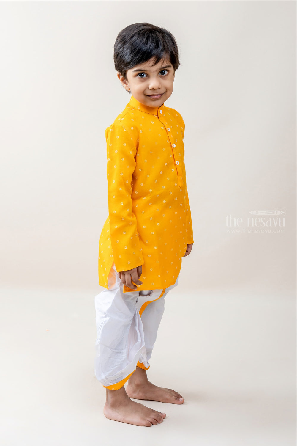 The Nesavu Ethnic Sets Sweet Prince - Marvelous Yellow Kurta With White Pachakajam For Boys psr silks Nesavu