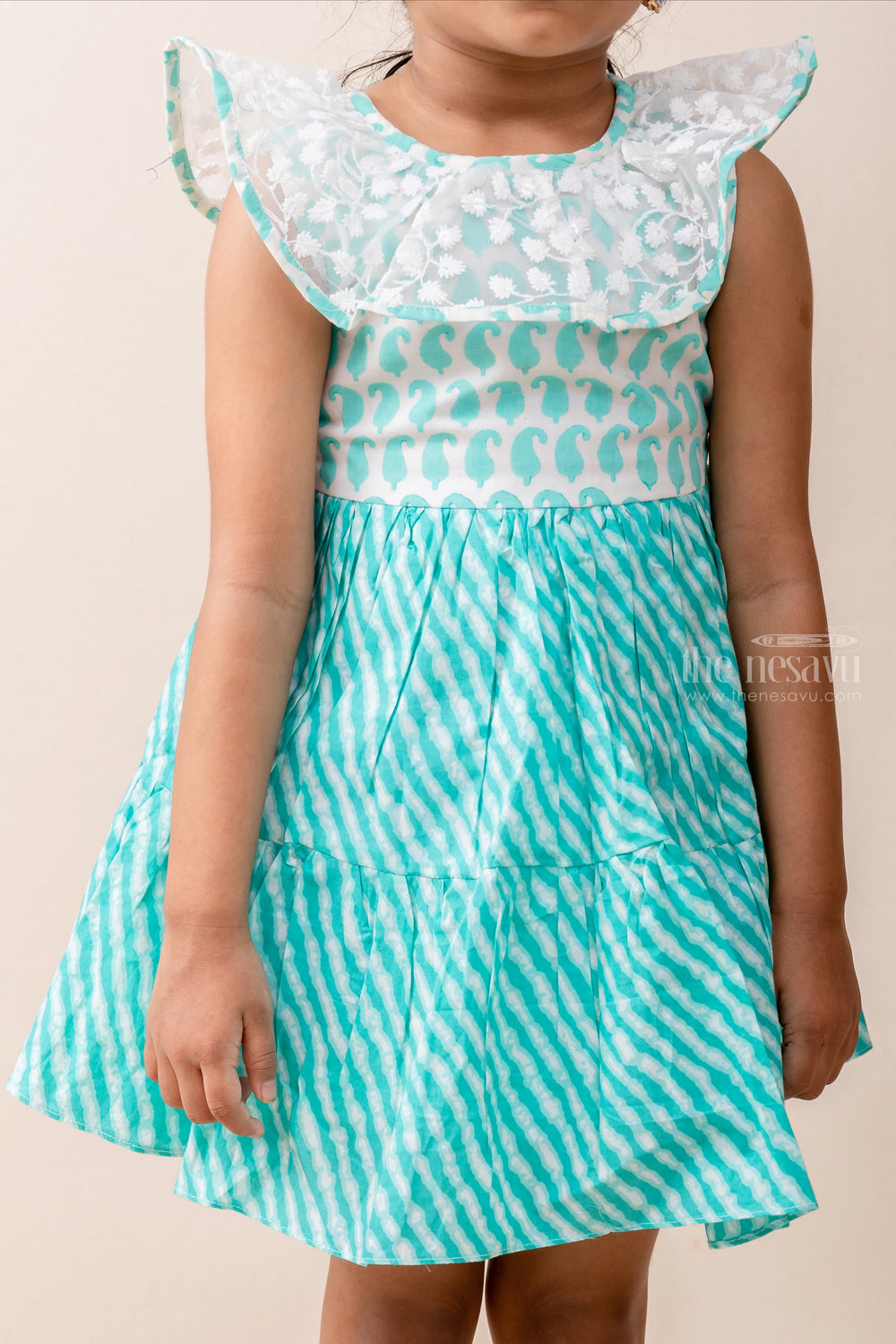 The Nesavu Baby Frock / Jhabla Teal Cotton Gown For Baby Girls With Designer Neck Patterns psr silks Nesavu
