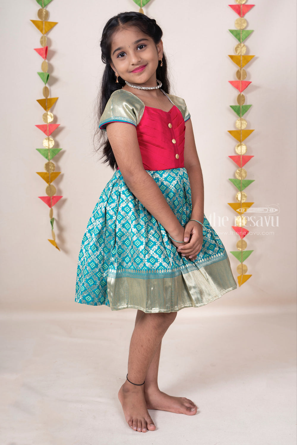 The Nesavu Silk Frocks Teal Pleated Yoke Designer Silk Cotton Frock For Baby Girls psr silks Nesavu