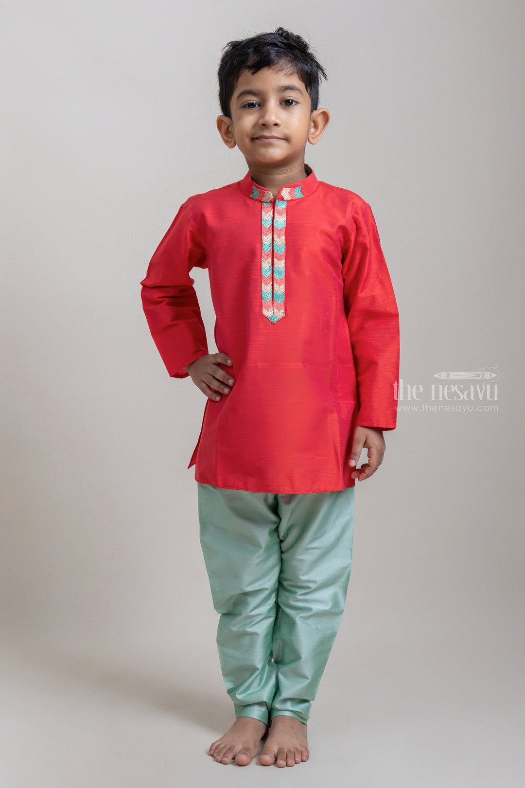 The Nesavu Ethnic Sets Traditional Embroidered Colour Block Red Kurta With Green Pant For Boys psr silks Nesavu 12 (3M) / Red BES319B